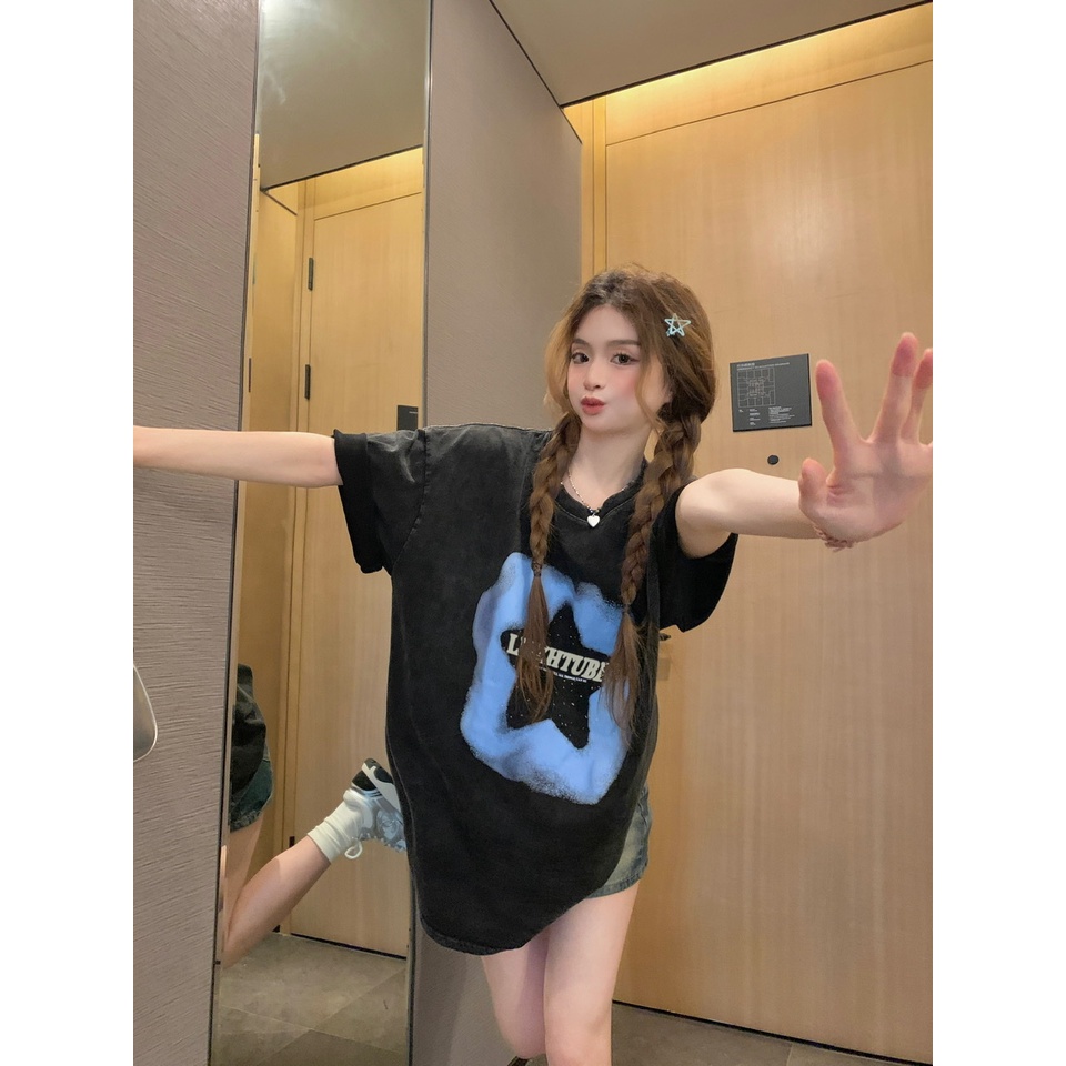 Áo Thun Đen Dáng Rộng In Chữ Và Ngôi Sao Thời Trang Mùa Hè Năng Động