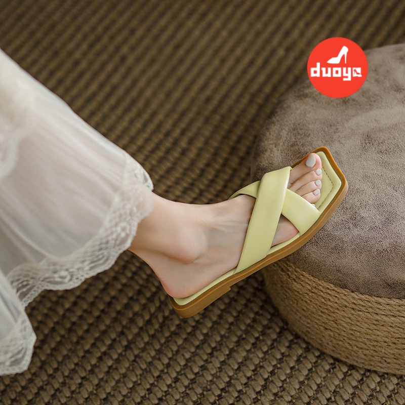 Duoya Tóc Thẳng ~ [Hàng Có Sẵn] Dép Sandal Hở Ngón Quai Chéo Đế Phẳng Phù Hợp Với Nhiều Màu Sắc