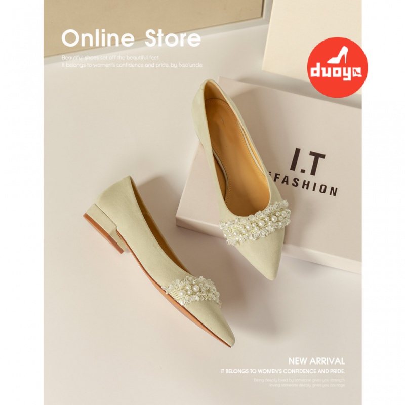 Duoya Tóc Thẳng ~ [Hàng Có Sẵn] Giày Búp Bê Mũi Nhọn Gót Thấp Dày Dặn Đính Ngọc Trai Thanh Lịch Cho Nữ Miễn Phí Vận Chuyển