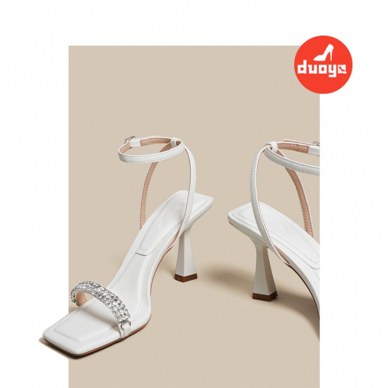 Duoya Tóc Thẳng ~ [Hàng Có Sẵn] Giày Cao Gót Sandal Cao Gót Dày Quai Đính Đá Màu Đen Dành Cho Nữ Thiết Kế Cảm Ứng Miễn Phí Vận Chuyển