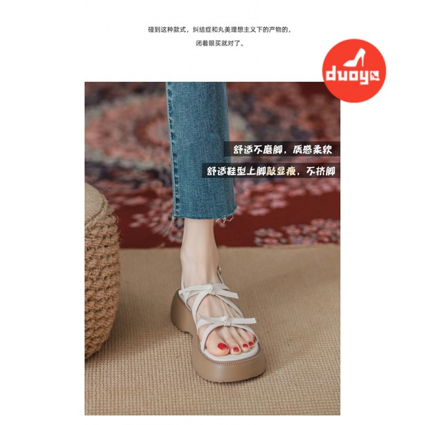 Duoya Tóc Thẳng ~ [Hàng Có Sẵn] Giày Sandal Đế Dày Phẳng Đính Nơ Phong Cách Roman Cho Nữ Miễn Phí Vận Chuyển