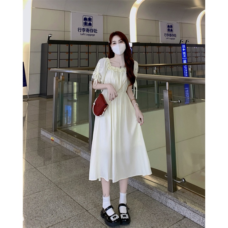 Đầm MIDI Mùa Hè Ôm Eo Một Bên Vai Diềm Xếp Nếp Tay Lửng Cho Nữ