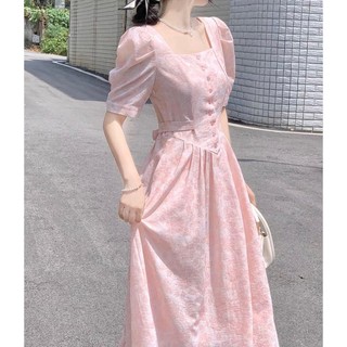 Đầm hoa cổ vuông form dài siêu dễ thương