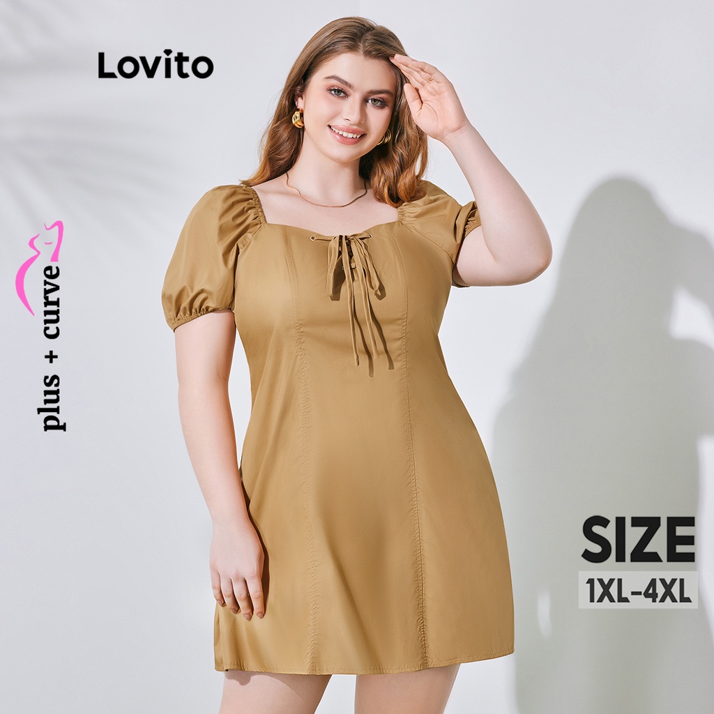 Đầm ôm dáng Lovito khóa kéo sau lưng tay phồng thắt dây trước màu trơn plus size cho nữ LPS08064 (màu cà phê)