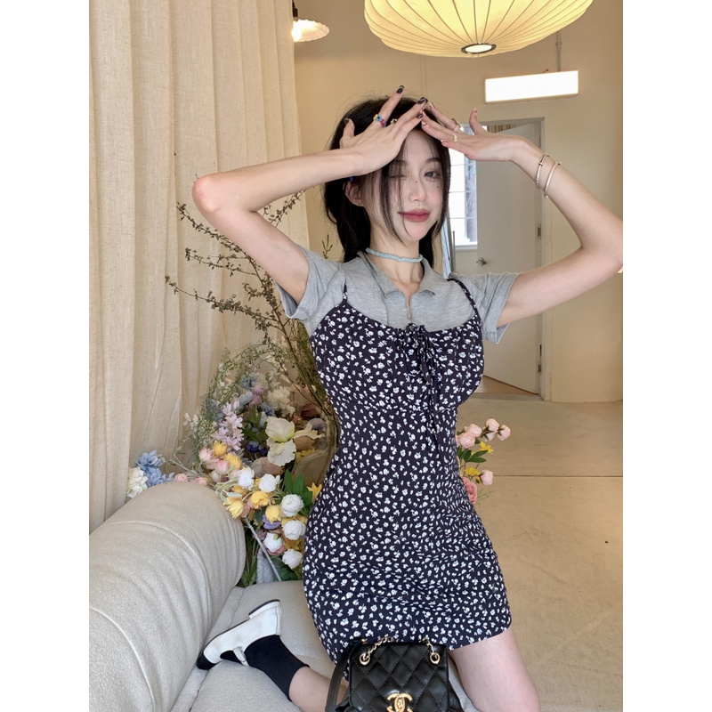 「Nonfatgirl」Đầm Ngắn Hai Dây Ôm Eo Màu Xanh Navy Đậm Khổ A4 Phong Cách BM Cho Nữ
