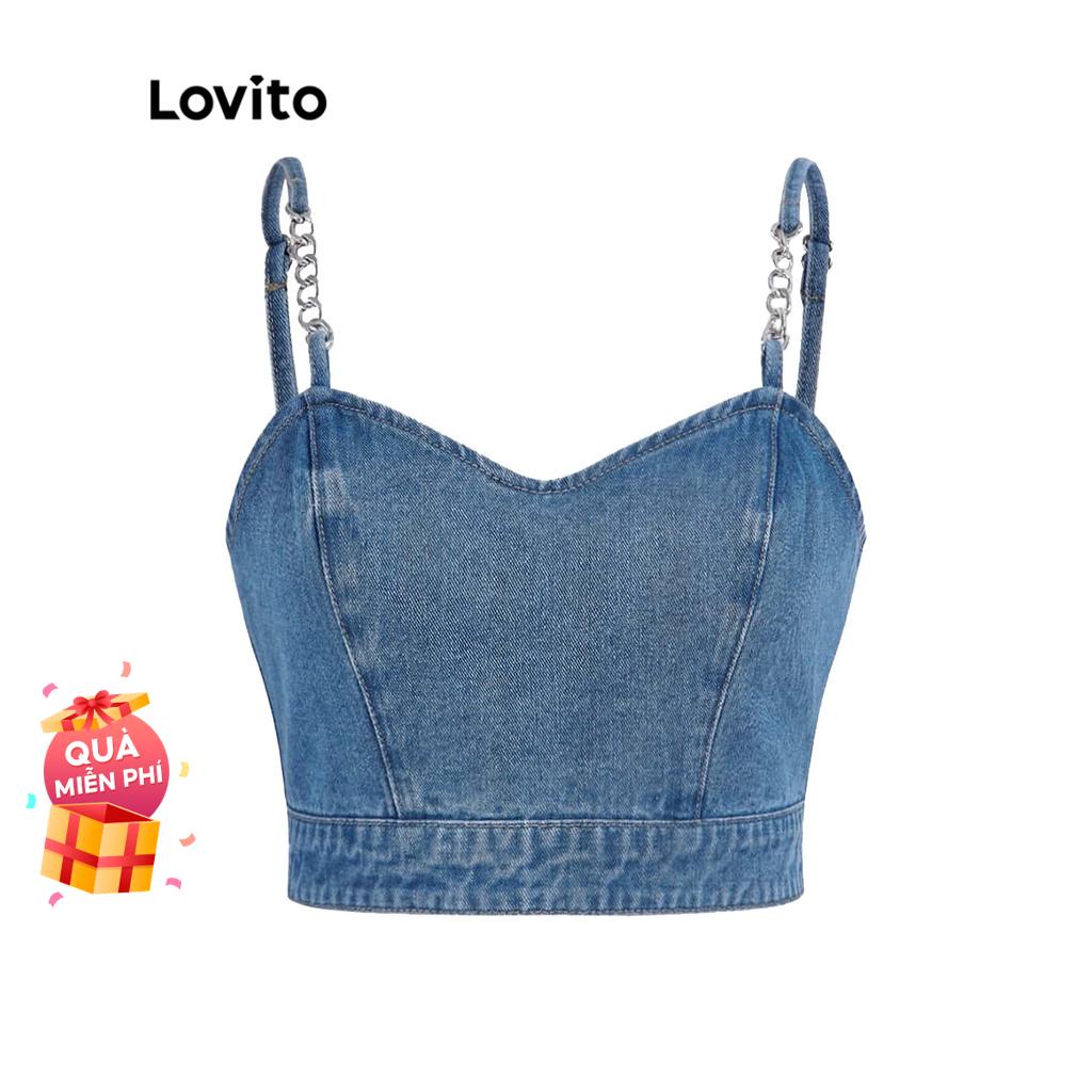 Áo khoác denim có dây kéo bằng kim loại có đệm trơn giản dị Lovito cho nữ L45AD064 (Xanh dương nhạt)