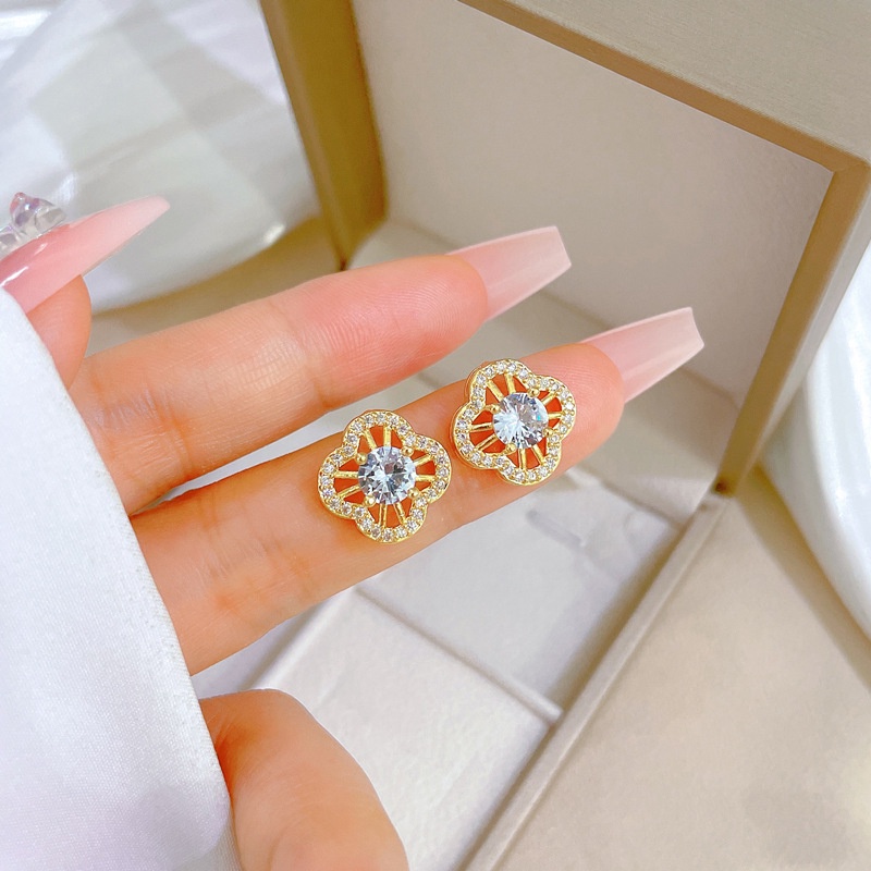 Bộ Dây Chuyền + Bông Tai Bằng Thép Titan Hình Hoa Bốn Lá Đính Đá Sang Trọng Nhẹ Nhàng Cá Tính Dành Cho Nữ