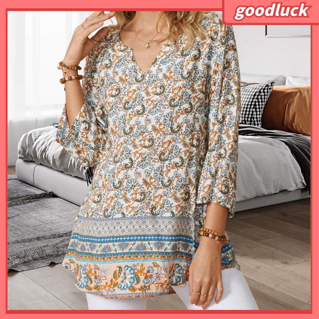Áo Sơ Mi Tay Lỡ 3 / 4 Cổ Chữ V Họa Tiết Hoa Phong Cách Bohemian Dành Cho Nữ