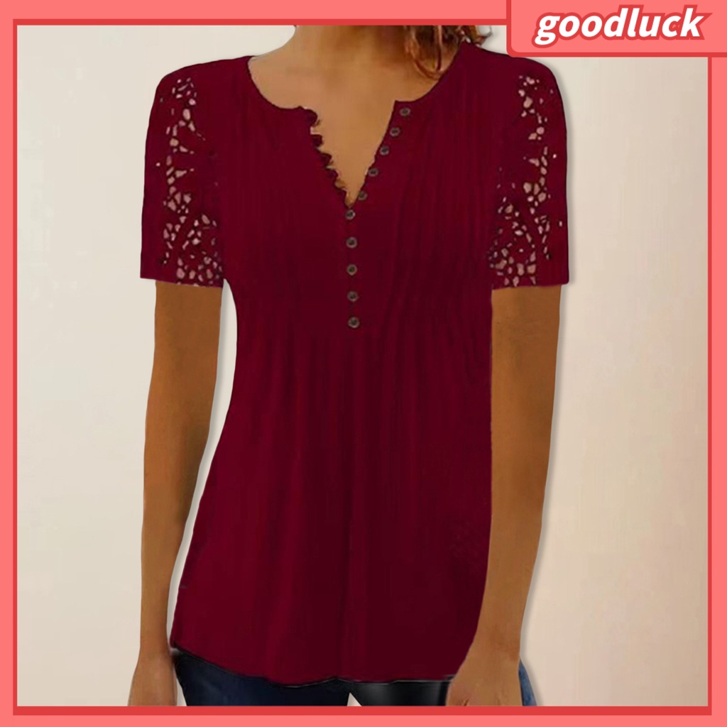 Áo Thun Tay Ngắn Cổ Chữ V Màu Trơn Phối Ren Lưới Xuyên Thấu Thời Trang Mùa Hè Cho Nữ