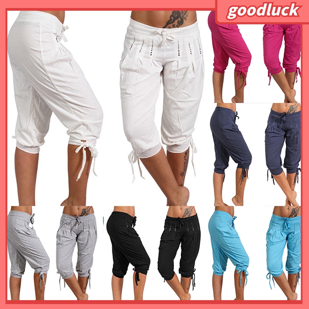 [ULK] Quần Capri Dây Rút Xếp Ly Đính Kim Sa Màu Trơn Đơn Giản Cỡ Lớn Cho Nữ