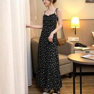 Váy Yếm Dài Dáng Chữ A Lưng Cao Vải Lụa Lạnh In Hoa Dễ Thương