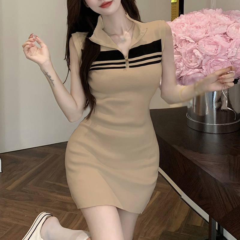 Đầm Dệt Kim Sát Nách Nhấn Eo Họa Tiết Kẻ Sọc Có Khóa Kéo Cho Nữ