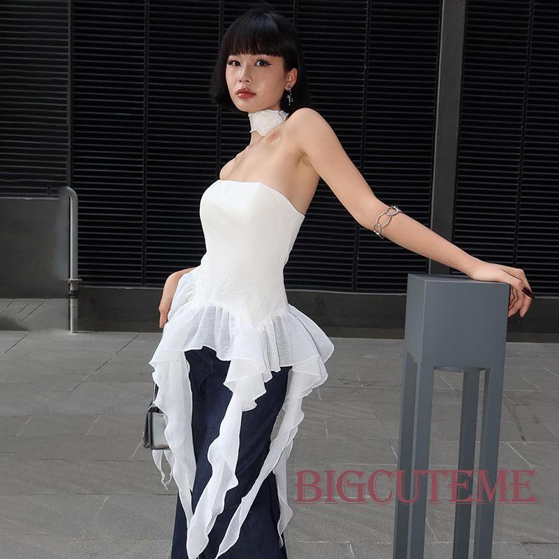 [] Áo Ống Nhún Bèo Hở Lưng Màu Trơn Thời Trang Mùa Hè Cho Nữ