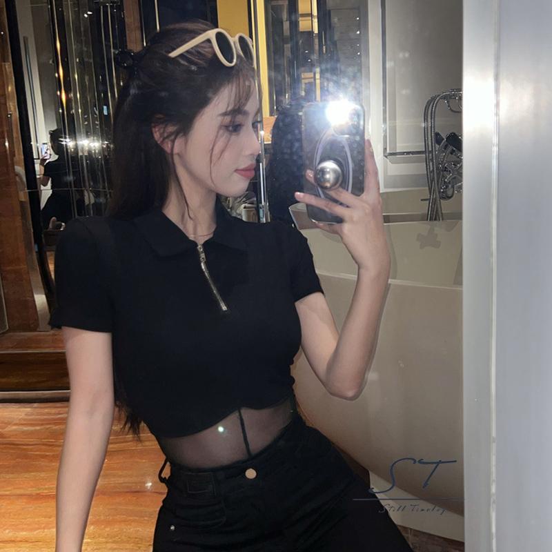 Bộ Áo Liền Quần Tay Ngắn Màu Trơn Phối Lưới Xuyên Thấu Có Khóa Kéo CY03 Thời Trang Cho Nữ