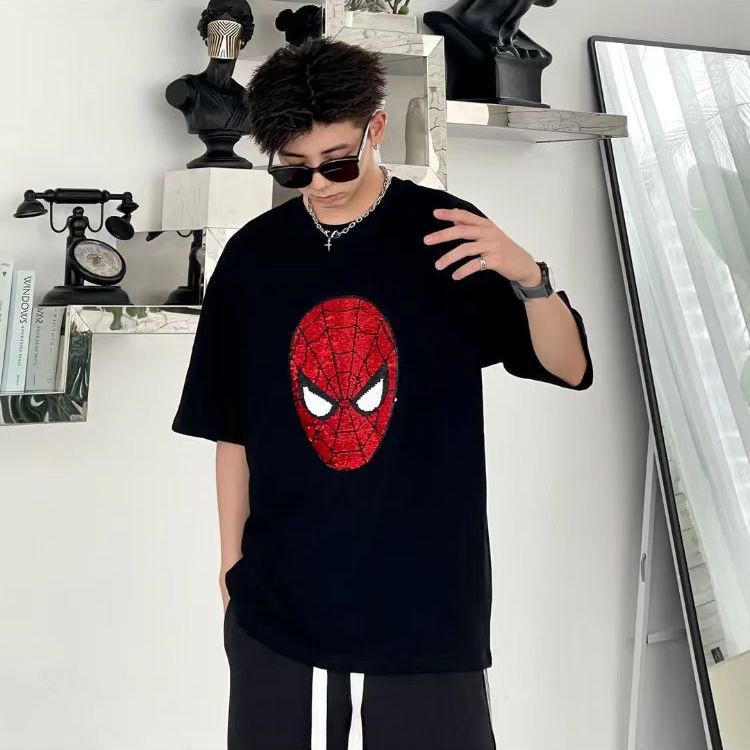 Áo Thun Cotton Đính Kim Sa Thêu Mặt Người Nhện 300g Màu Đen Đỏ