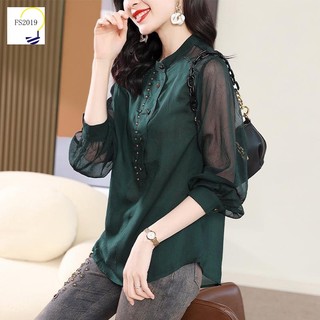 Áo sơ mi voan màu xanh đậm 2023 Áo sơ mi nữ cao cấp mới Tính khí Plus Size Áo sơ mi mỏng thời trang