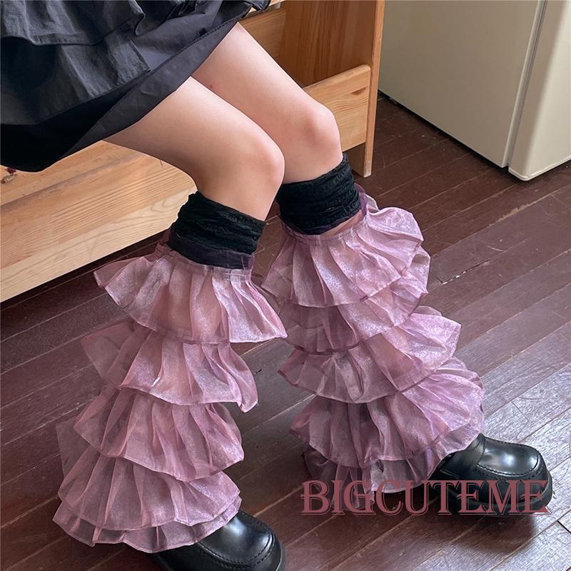 [] Vớ Ống Chân Cao Qua Gối Phối Ren Nhún Bèo Giữ Ấm Chân Cho Nữ Đường Phố