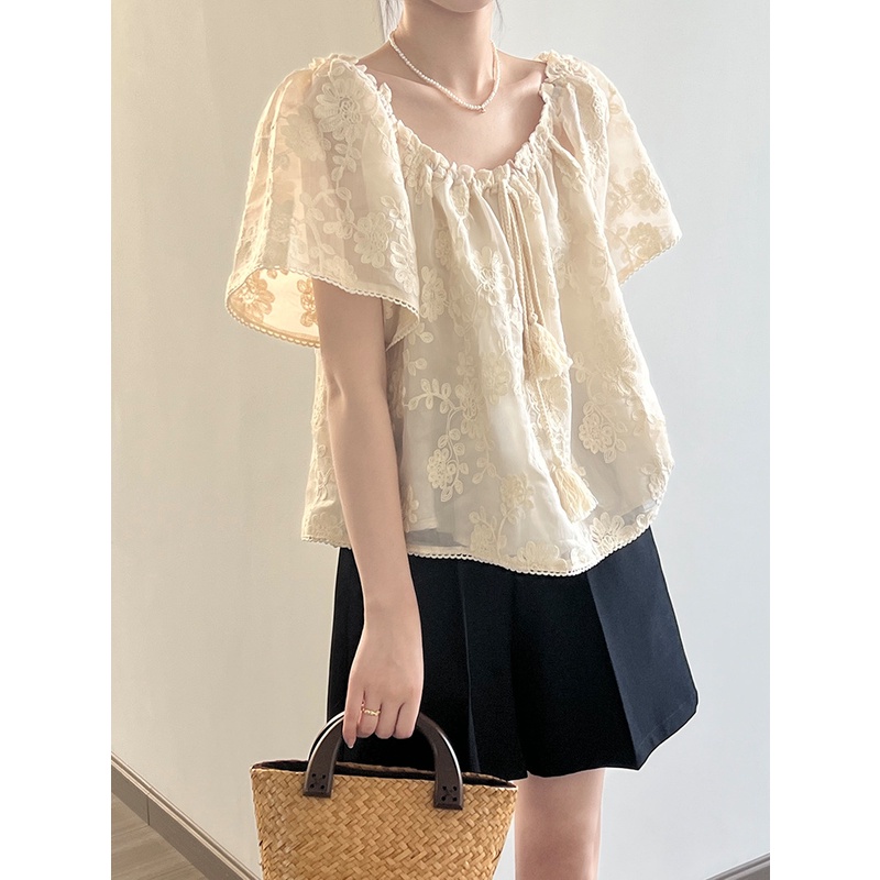 Áo Kiểu Phối Ren Dây Rút Phong Cách Pháp Thời Trang Mùa Hè 2023 80792