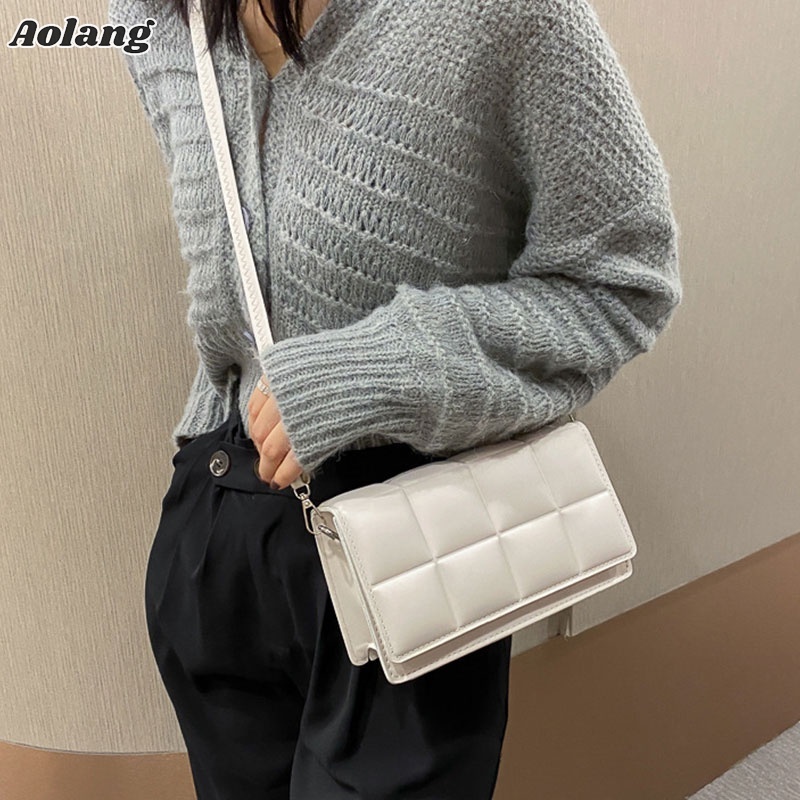 Túi đeo chéo AOLANG nhỏ gọn dáng vuông họa tiết caro đơn giản thời trang cho nữ