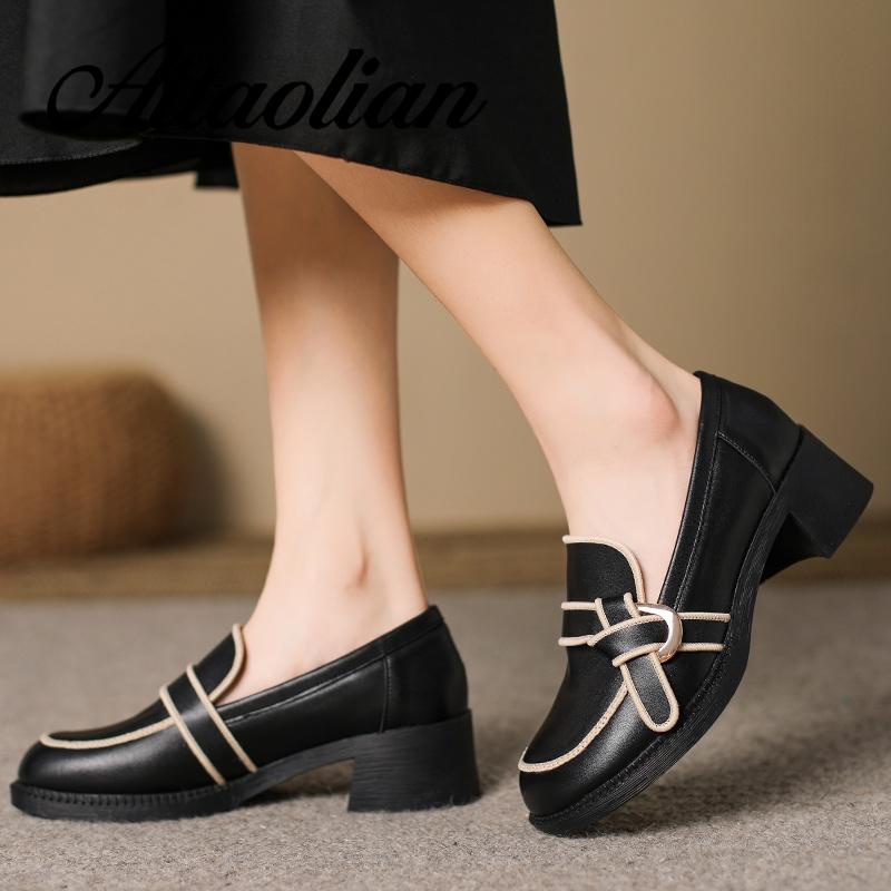 Giày Cao Gót 4.5cm Da Mềm Mũi Tròn Phong Cách Retro Anh Quốc