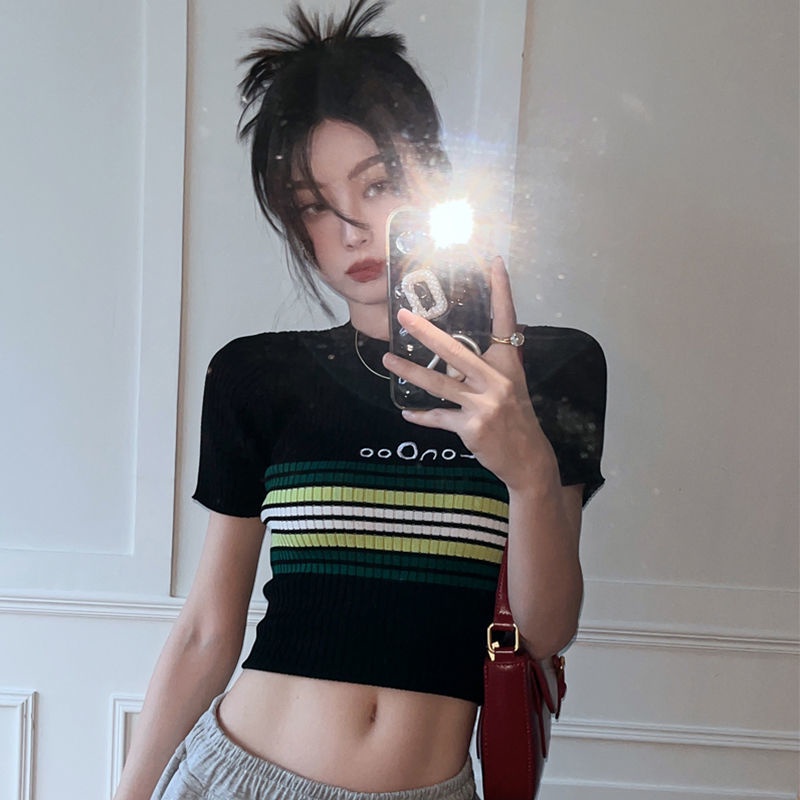 Áo Dệt Kim Dáng Ôm Họa Tiết Kẻ Sọc Phong Cách Retro Mỹ Thời Trang Cho Nữ