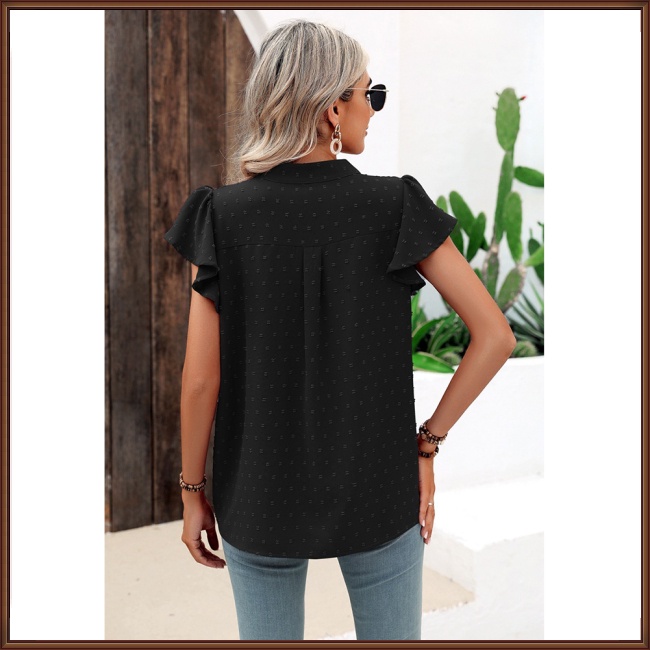 Áo Sơ Mi Chiffon Tay Ngắn Cổ Chữ V Phối Bèo Và Bóng Lông Màu Trơn Thời Trang Cho Nữ