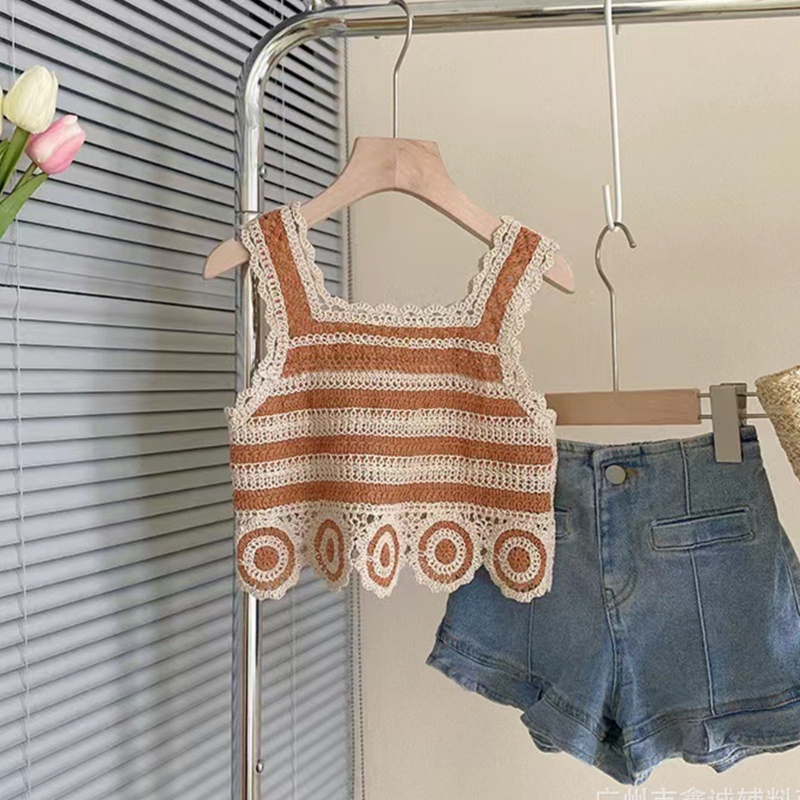 R Áo Không Tay Dệt Kim Dáng Rộng Vừa Vặn Họa Tiết Viền Rỗng Phối Tua Rua Cho Trường Học Hàng Ngày