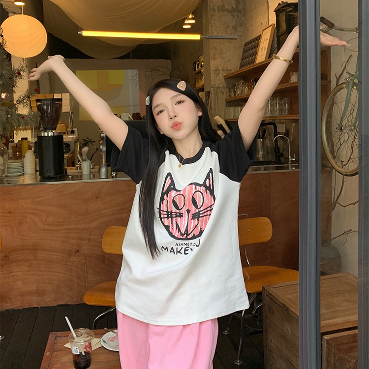 Áo Thun Raglan Tay Ngắn In Họa Tiết Hoạt Hình Phong Cách Hàn Quốc Thời Trang Mùa Hè Cho Nữ