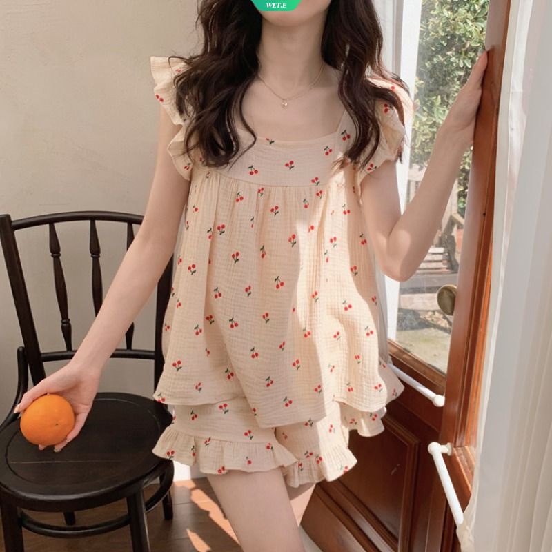 Bộ Đồ Ngủ Hai Dây Diềm Xếp Nếp In Họa Tiết Cherry Sáng Tạo Phong Cách Hàn Quốc Thời Trang Mùa Hè Hàng Mới 2023 Dành Cho