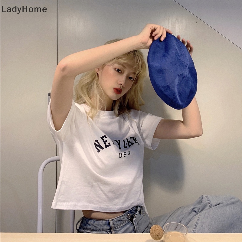 Áo Thun Crop Top Tay Ngắn Cổ Tròn In Chữ Thời Trang Mùa Hè Dành Cho Nữ