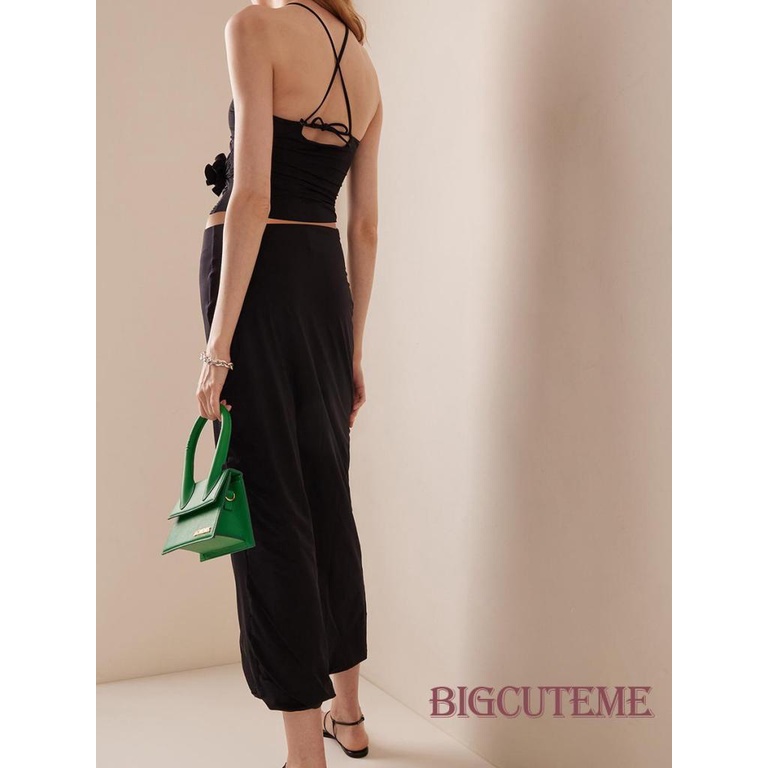 [] - Áo Crop Top Hai Dây Không Tay Khoét Lỗ Trước Họa Tiết Hoa 3D Cho Nữ