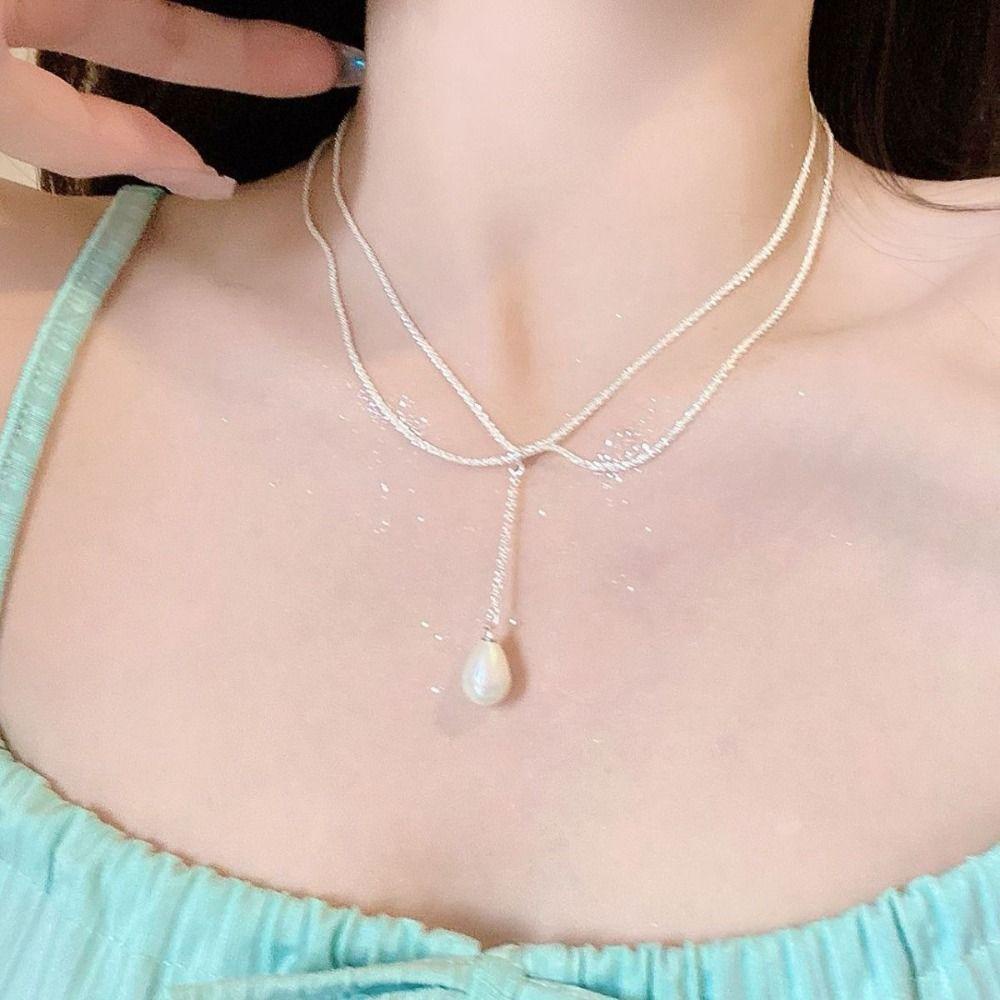 AROMA Dây Chuyền Hai Lớp Mặt Hình Giọt Nước Lấp Lánh Phong Cách Hàn Quốc