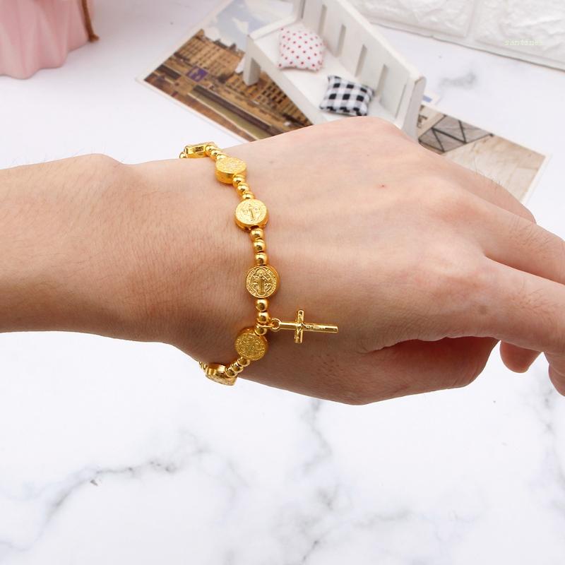 Vòng Tay Chuỗi Hạt Bằng Hợp Kim Màu Vàng Hình Thánh Giá Cho Nam Và Nữ