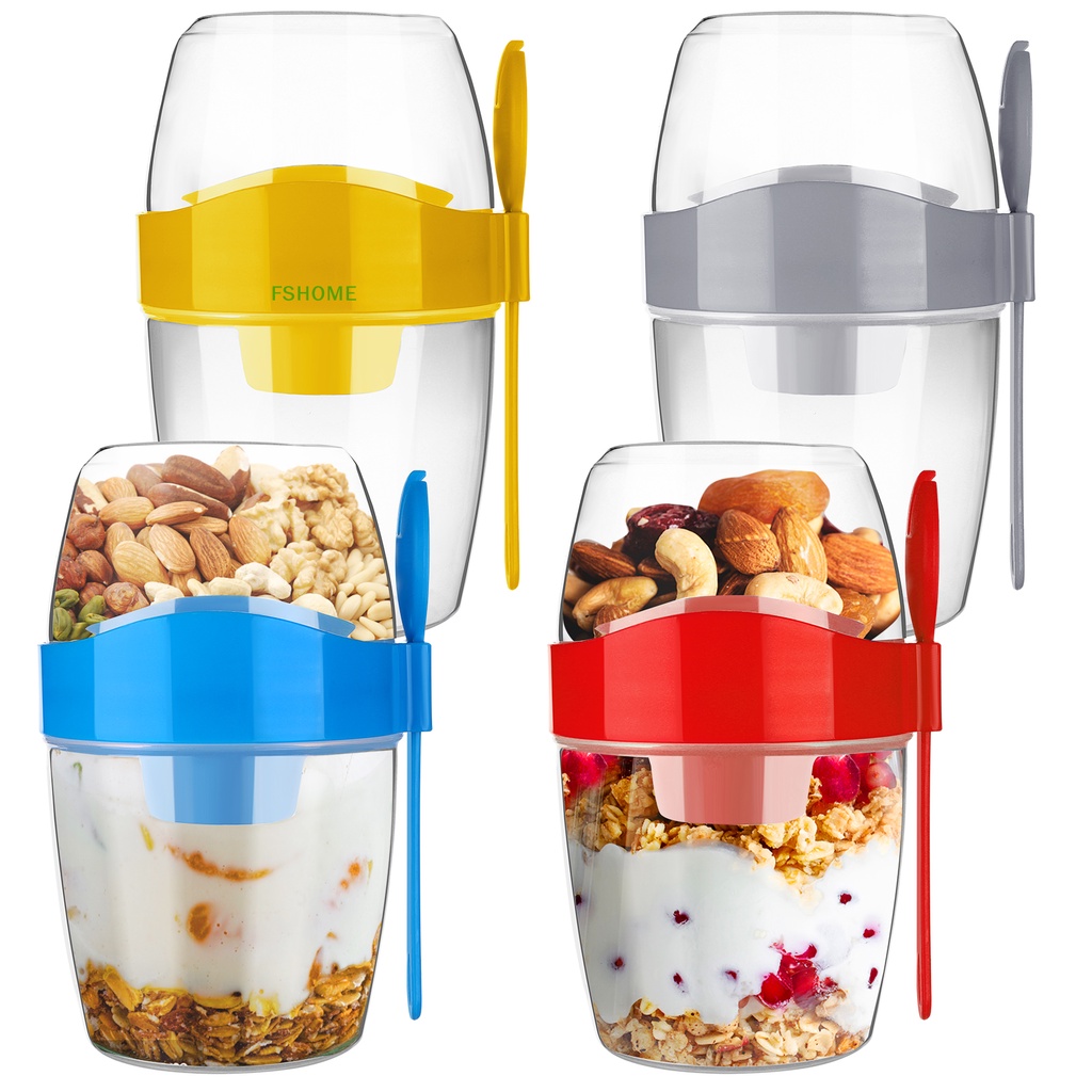 Bộ 4 Hộp Đựng Oats 870ml Kèm Nĩa Ăn Sáng 2 Tầng Mới