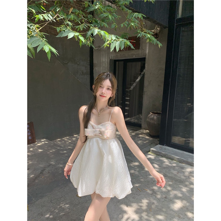 Đầm Ngắn Hai Dây Ôm Eo Đính Nơ Thời Trang Mùa Hè Cho Nữ