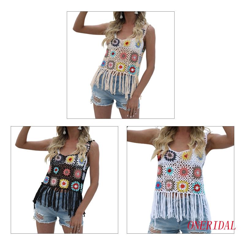 Áo Croptop Dệt Kim Không Tay Cổ Vuông Phối Tua Rua Gợi Cảm Cho Nữ y2k