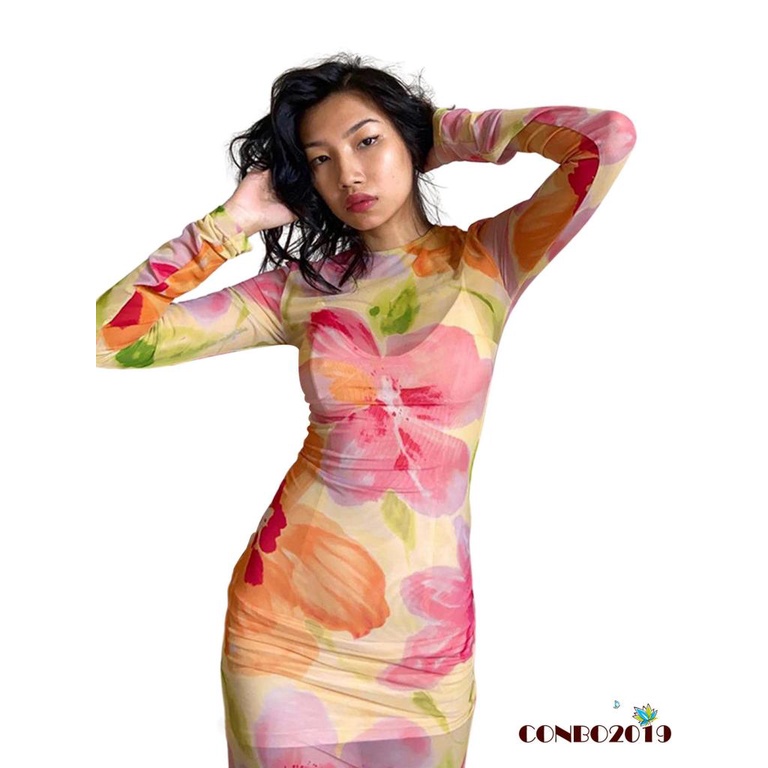 Đầm Ngắn Tay Dài Cổ Tròn Eo Cao Xuyên Thấu In Họa Tiết Hoa Cho Nữ