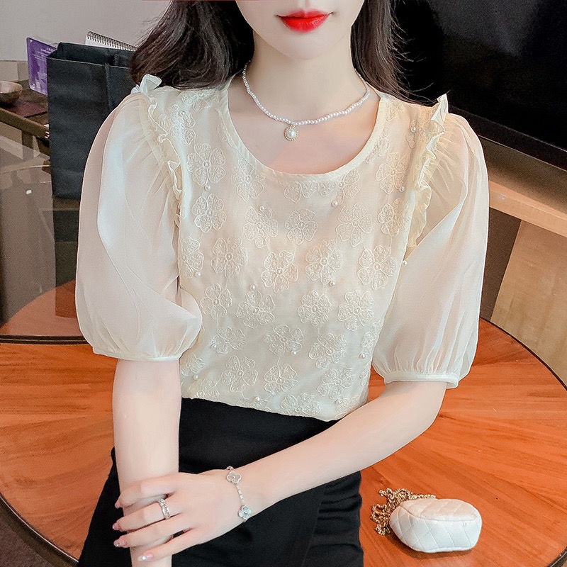 Áo Sơ Mi Chiffon Cổ Tròn Tay Phồng Đính Hạt Thời Trang Mùa Hè Kiểu Mới 2023