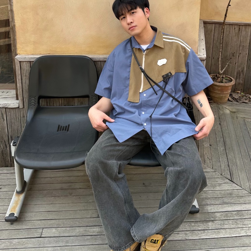 Áo Sơ Mi Thiết Kế Chắp Vá Waffle Phong Cách Mới Mùa Thu Cho Nam Và Nữ