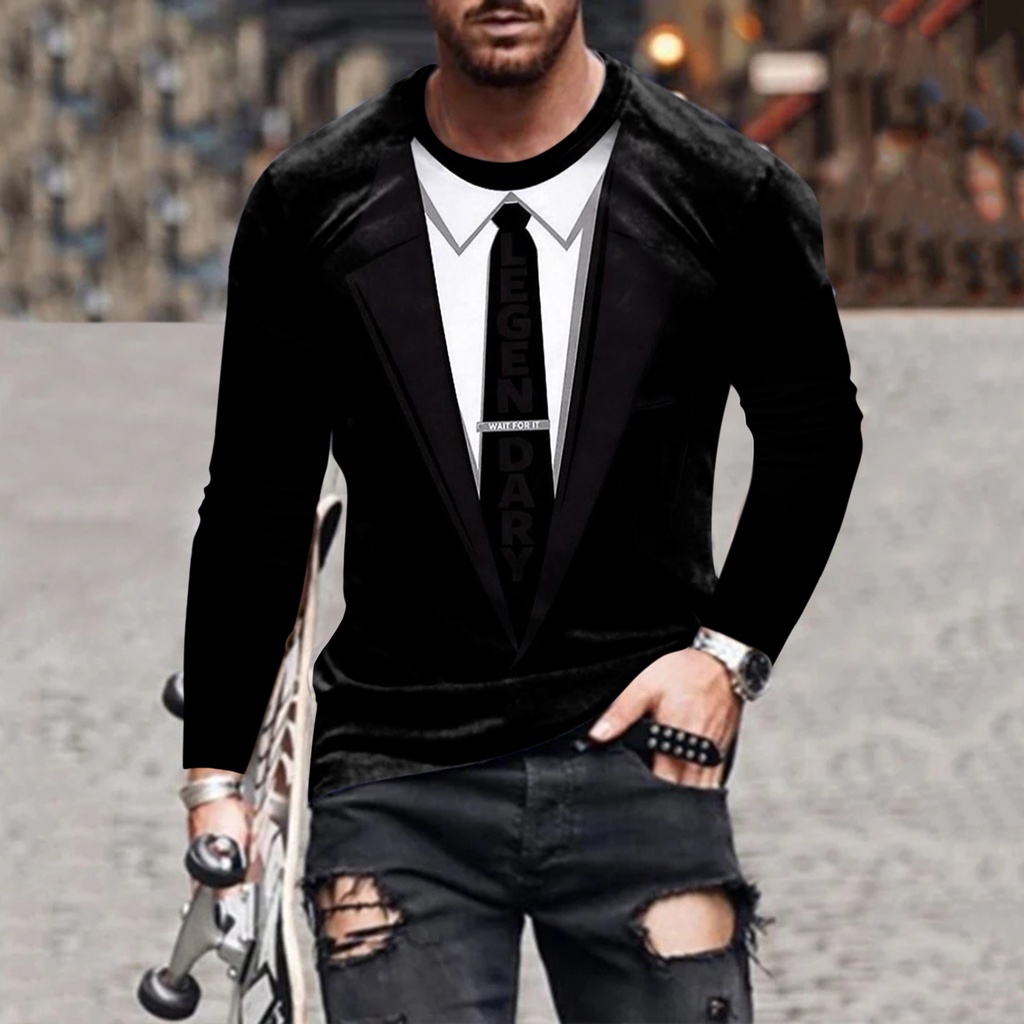 Áo Thun Tay Dài In Hình Cà Vạt 3d Giả Vest Kiểu Retro Thời Trang Mùa Thu Cho Nam