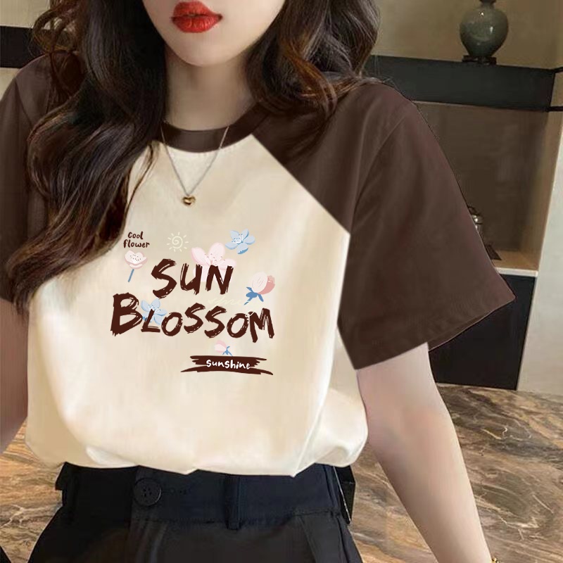 Áo Thun Cotton Ngắn Tay Màu Kem Tương Phản Phong Cách Mới Cho Nữ