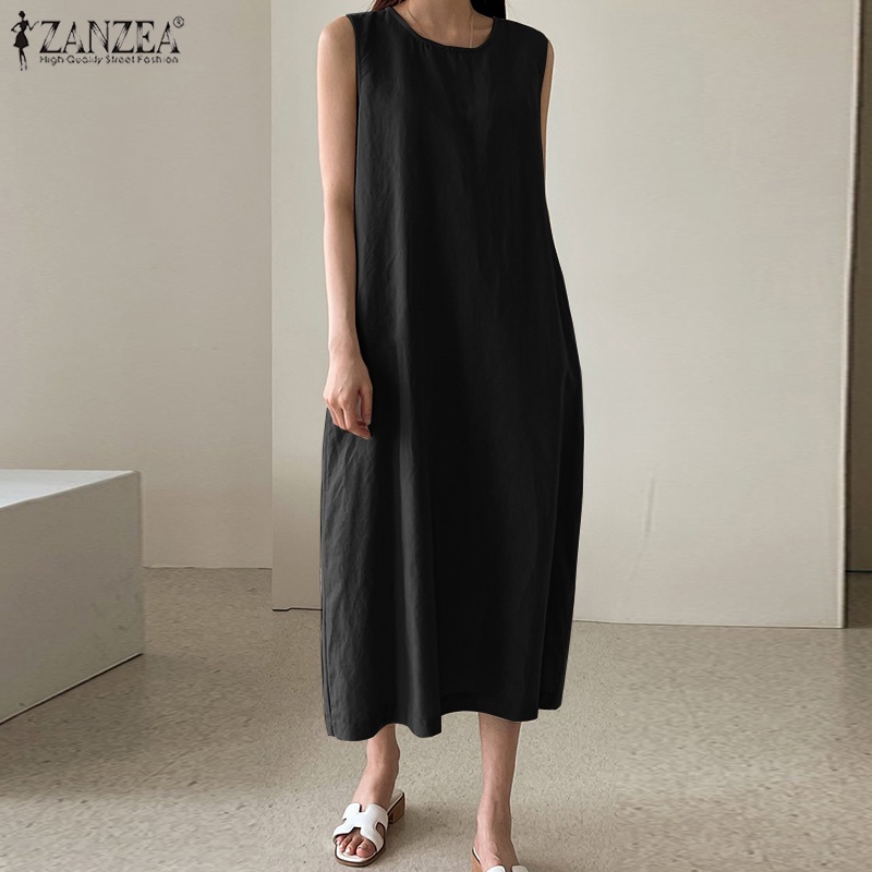 ZANZEA Đầm Nữ Cộc Tay Cổ Tròn Form Rộng Thời Trang Hàn