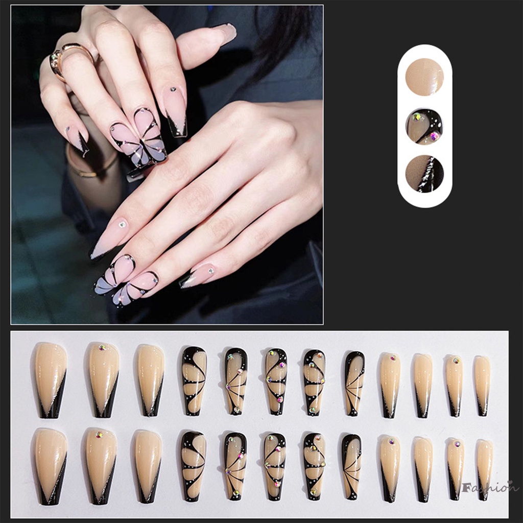 Móng Tay Giả Hình Vuông Họa Tiết Bướm Màu Tối Dễ Thương
