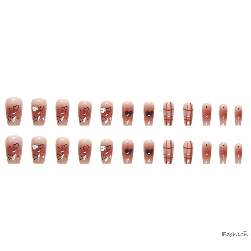 Móng Tay Giả Mỏng Che Phủ Toàn Diện Họa Tiết Trái Tim Kẻ Sọc