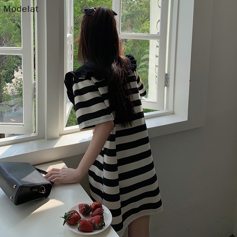 Mfc Đầm Tay Ngắn Dáng Rộng Họa Tiết Kẻ Sọc Chắp Vá Màu Ấm Trẻ Trung Cho Nữ Sinh