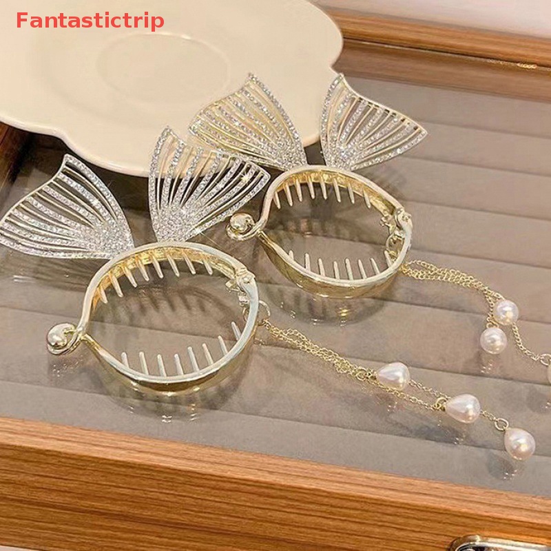 Kẹp Tóc Càng Cua Đính Đá Ngọc Trai Phối Nơ Tua Rua Thời Trang Cho Nữ