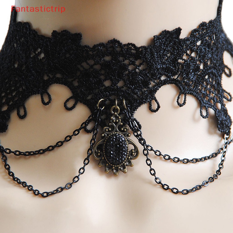 [Fantastictrip] Vòng Cổ Choker Ren Đính Hạt Và Tua Rua Phong Cách Punk Gothic Cổ Điển Kiểu Dáng Mới