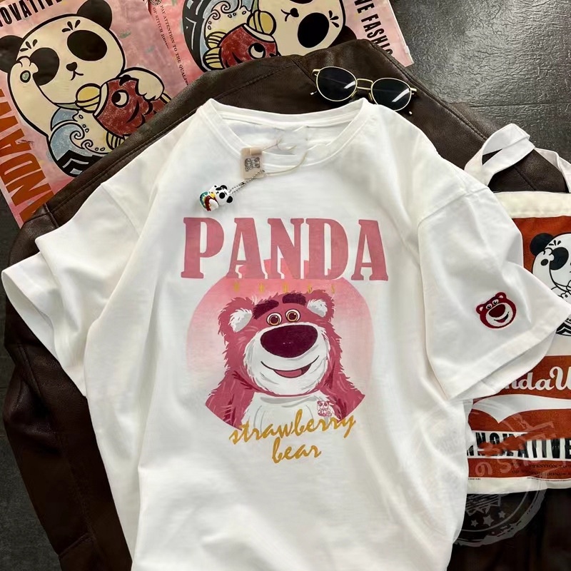 Áo phông Áo Thun Tay Ngắn Dáng Rộng In Hoạt Hình Gấu Và Dâu Tây Thời Trang Mùa Hè 2023 Cho Nữ