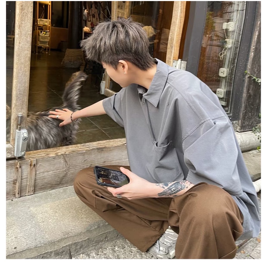 Áo Thun polo Ngắn Tay Có Khóa Kéo Phong Cách vintage Mỹ Thời Trang Mùa Hè Dành Cho Nam