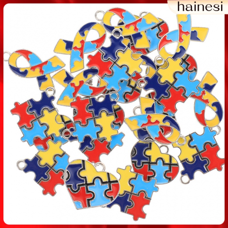 Round Puzzle Autism Pendant Autistic Awareness Pendants Heart Enamel Charms Heart-shaped Bracelet 24 Pcs